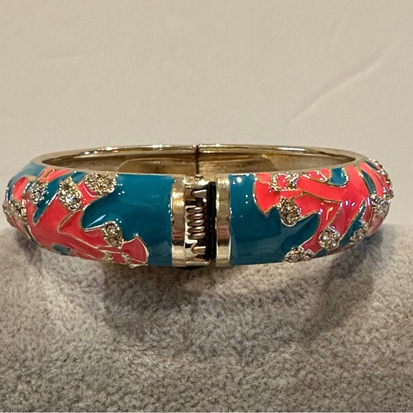 NWT Sequin by Nordstrom Clamper Bangle Bracelet - teal, coral, clear rhinestones - Picture 9 of 14